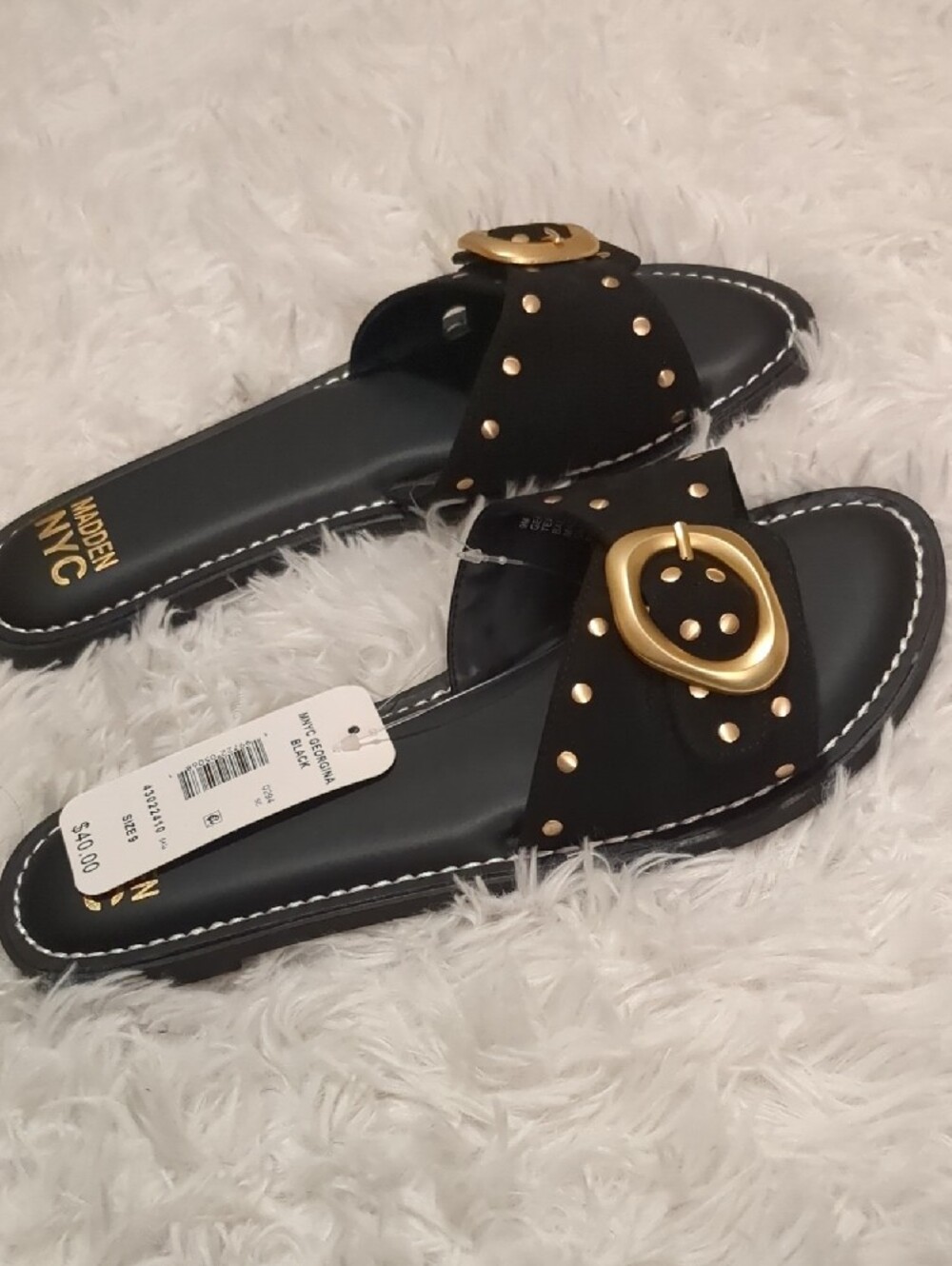 Madden NYC Black Slide Sandals with Gold Buckle Size 9 - Picture 11 of 12